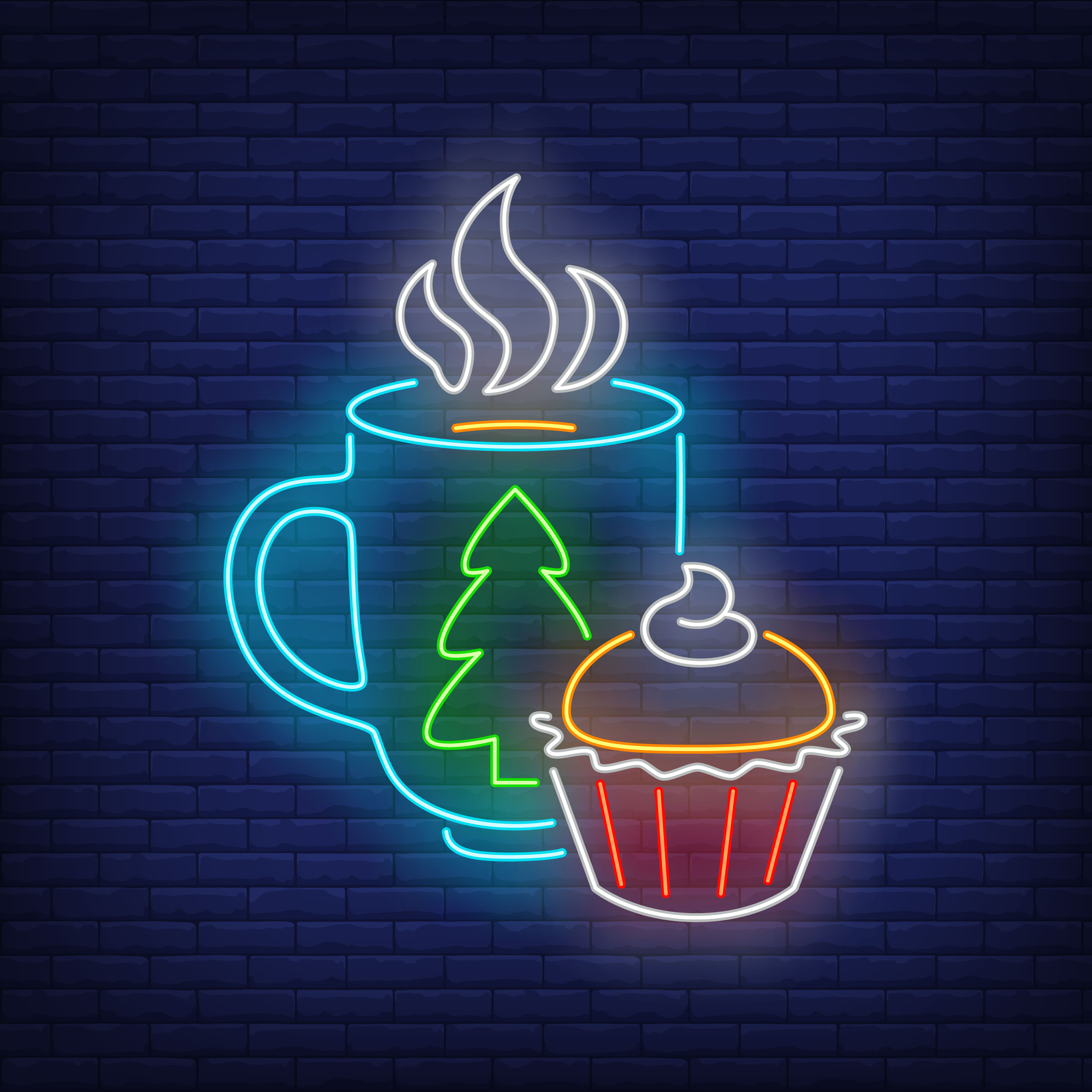 Christmas mug and cupcake in neon style